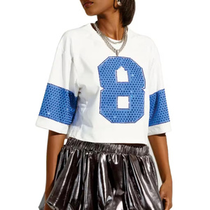 Custom Logo Women <b>Rhinestones</b> American Football Jersey Crop <b>Top</b> <b>Mesh</b> Oversized Streetwear Cheer Uniforms Training Crop Youth - Product Image 1