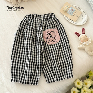 TongXingYuan Girls Plaid <b>Balloon</b> Pants Cotton Elastic Waist Casual Lantern Pants For Kids - Product Image 1