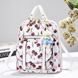 2026 Cherry Print <b>Mini</b> <b>Backpack</b> Fashion PU Leather Women Knapsack Cute Pom Pom Charm Travel Rucksack Trendy Teen Girls Daypack - Product Image 2
