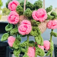 Jolies plantes en crochet avec accessoires miroir tricotés à la main, décoration confortable en laine pour rétroviseur de voiture, ornement suspendu