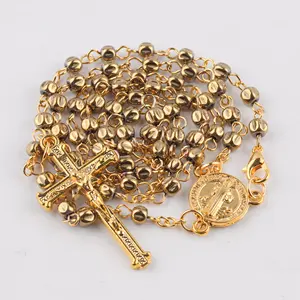 Antique Gold Plated Saint Benedict Medal 4mm Hematite Rosary Beads Crucifix Necklace Catholic Religious Jesus Jewelry