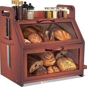 Boîte à pain en bois double couche avec porte en verre et porte-couteau pour le rangement de la cuisine - Product Image 1