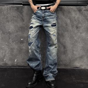 Jeans de hombre al por mayor con logo personalizado, lavado desgastado, corte recto holgado, denim desgastado, cintura media, pantalones azules - Product Image 4