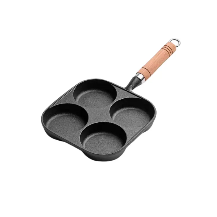 4 bardak önceden terbiyeli dökme demir yumurta kızartma kahvaltı Pancake Pan tava Brownie Pan bölücüler ahşap saplı