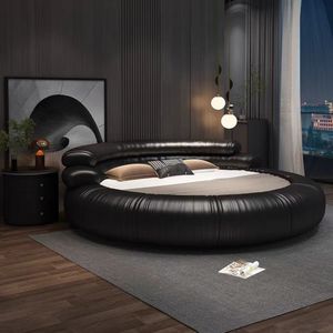 2025 Modern Latest Circle King Size Leather Cama de forma redonda barata con colchón Camas redondas baratas con luz nocturna - Product Image 2