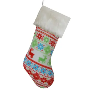 Baskılı ren geyiği ve kar tanesi flanel ile noel çorap beyaz taklit kürk manşet noel dekorasyonları