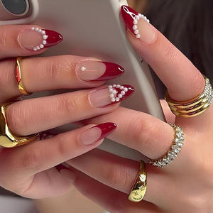 Presse sur ongles perle rouge amande française <span class=keywords><strong>de</strong></span> luxe <span class=keywords><strong>de</strong></span> haute qualité 24 pièces presse acrylique artificielle sur les ongles pour <span class=keywords><strong>manucure</strong></span> - Product Image 1