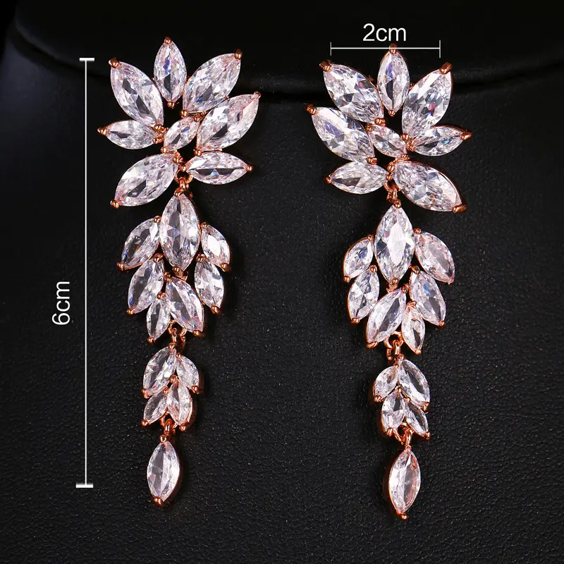 EMMAYA Luxury Marquise Cut Cubic Zircon Leaf Rose Gold Plated Jewelry for Women Wedding Dinner Bridal Long Dangle Earrings