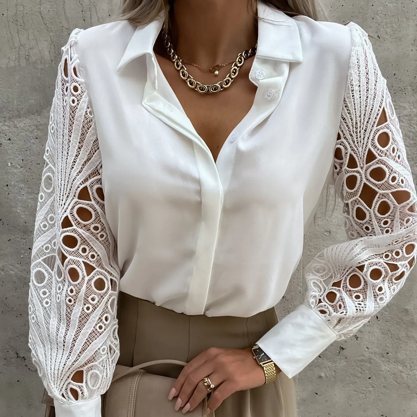 New Hot Sale 2022 Autumn Women Blouses And Shirts Solid Color Lace Stitching Long Sleeve Chiffon Shirt Top Fashion Versatile