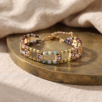Bracelet tendance fait main en perles de pierres naturelles colorées, double couche, avec breloque en zircon cubique violet, style bohème, multicolore
