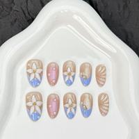Y23 Kaixin Set Kuku Palsu Pendek Bentuk Almond Dapat Digunakan Kembali, Motif Bunga Biru, Bahan Akrilik