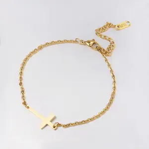 Vacuum plated Custom Logo18K Simple Stainless Steel Polished Gold Silver Rose Gold Cross Accessories Bracelet Ankle Jewelry