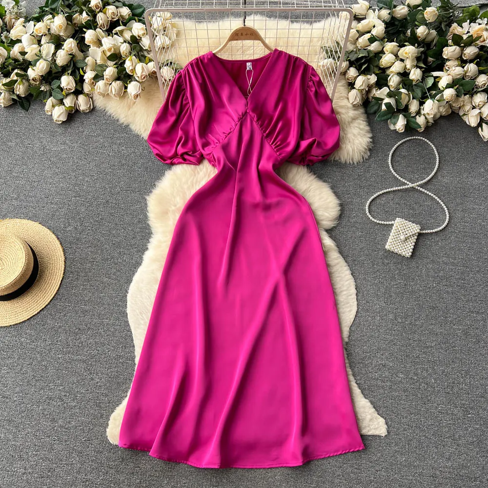 2023 Summer New V-neck Bubble Sleeve Women's Dress Waist Collection Slimming A-line Dress Large Swing Long Skirt Girls