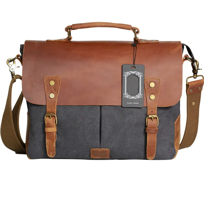 Vintage Canvas Real Leather 14-inch Laptop Briefcase Messenger Satchel Bag For Men And Women