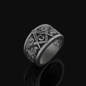 Anello di rilievo di muratore da uomo in stile caldo all'ingrosso anello di gioielli in acciaio inossidabile 316l massonico placcato nero lucido alto