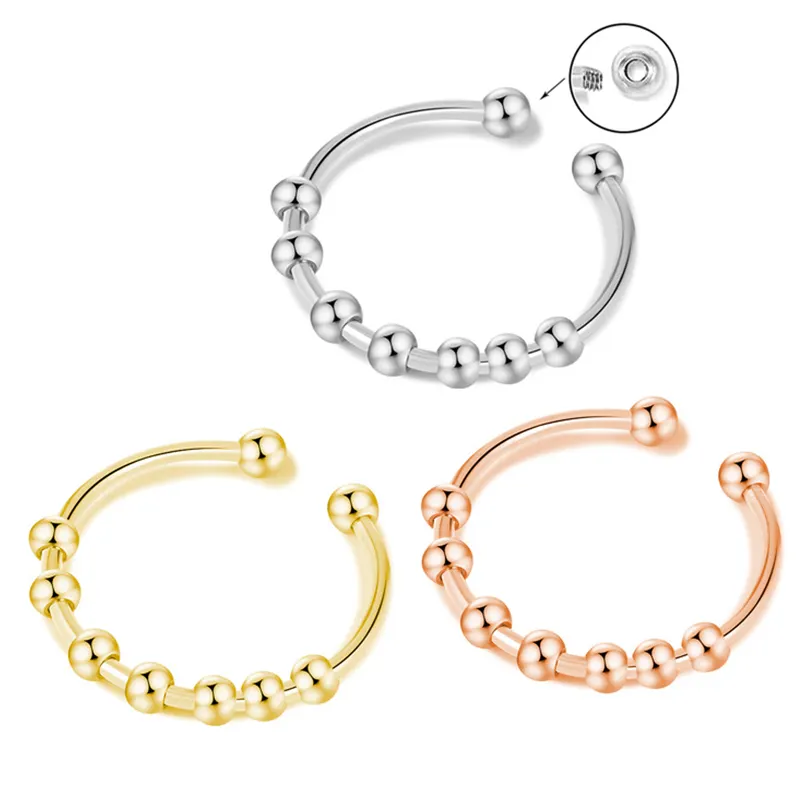 Hot Sales Fashion Stainless Steel Gold Plated Adjustable Spiral Beads Rings for Women Men Jewelry