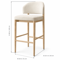 Tabouret de bar moderne rembourré crème avec dossier ouvert, structure en bois clair, repose-pieds, chaise haute pour îlot de cuisine et bar à domicile