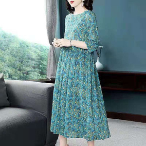 Floral Print Women's <b>Dress</b> Mid Length <b>Elastic</b> Waist O Neck Breathable Casual Daily Wear Leisure Style - Product Image 3