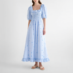 Abito Midi Personalizzato OEM da Donna, Blu Chiaro a Quadretti Floreali, Collo Quadrato, Maniche a Sbuffo, Corpetto Smock, Orlo con Volant, per Resort Estivi - Product Image 4