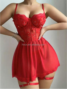 CX 5473 Ventes directes Lingerie Sexy Maille transparente Grande balançoire Jarretelle Chemise de nuit Dentelle Vêtements de nuit séduisants Ensemble deux pièces - Product Image 3