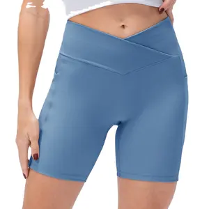 Women Gym Shorts Cross V Waist Push Up Cycling Sportswear Running Fitness Yoga Short Pants Custom Women's Biker Booty Gym Shorts