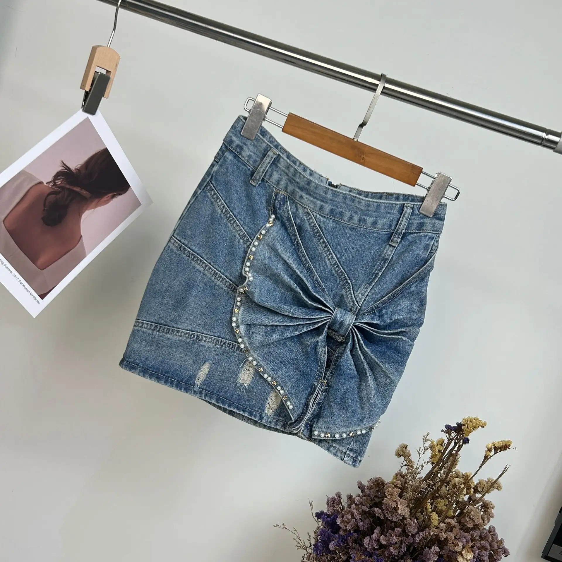2024 New slim-fit package skirt stereoscopic bow nail bead A-word denim skirt girl women