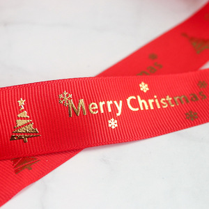 Pita poliester cetak Foil emas lebar 2.5 cm disesuaikan dengan Logo hadiah pita Grosgrain untuk dekorasi Natal - Product Image 3