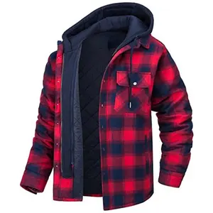 Sidiou Group Removable Hood Plaid Jackets Flannel Shirts for Men Long Sleeve Casual Coats Thermal Outwear Working Jacket