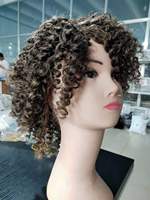 Perruque courte bouclée crépue en cheveux humains brésiliens, noir naturel mélangé gris sel et poivre, avec dentelle transparente