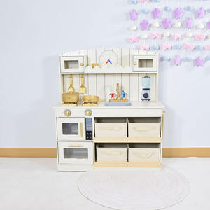 Cuisine de jeu en bois pour enfants avec four, cuisinière, évier, mixeur et bacs de rangement, ensemble de cuisine d'imitation Montessori – Blanc crème - Product Image 1