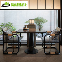 Table à manger en bois massif avec plateau en pierre carré durable au design moderne, structure en métal, ensemble de 2 chaises pour hôtel, salon, usage commercial