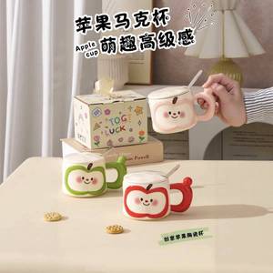 Cute Apple <b>Ceramic</b> <b>Mug</b> With <b>Lid</b> And Spoon Cartoon Design For Gift Spring 2025 - Product Image 4