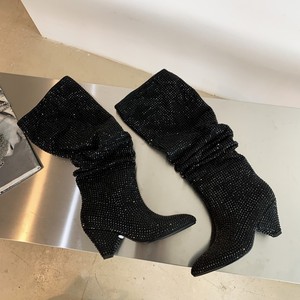 Botas de tacón grueso de 7 cm con diamantes de imitación personalizadas hasta la rodilla para mujer, ideales para damas sexys. - Product Image 3