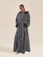 Peignoir thermique à capuche pour couple, gris foncé uni, avec bordure en sherpa, surdimensionné, long et moelleux, idéal pour spa, hôtel, hiver, maison, douche