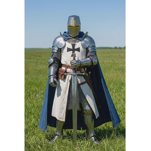 Traje de Armadura Completa de Caballero Teutónico de Acero Calibre 18 con Malla de Cadena y Casco, Disfraz Histórico Medieval de Cruzado para Recreación Histórica - Product Image 1