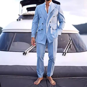 Nueva moda ciudad <span class=keywords><strong>azul</strong></span> <span class=keywords><strong>claro</strong></span> abrigo pantalón <span class=keywords><strong>traje</strong></span> de <span class=keywords><strong>hombre</strong></span> de algodón de doble botonadura <span class=keywords><strong>traje</strong></span> delgado de <span class=keywords><strong>hombre</strong></span> - Product Image 2