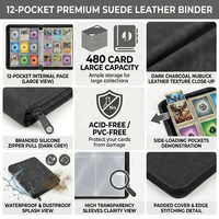 Porte-cartes en cuir suédé à 12 pochettes, capacité de 480 cartes à collectionner, album de cartes en cuir nubuck zippé pour cartes MTG TCG et cartes sportives