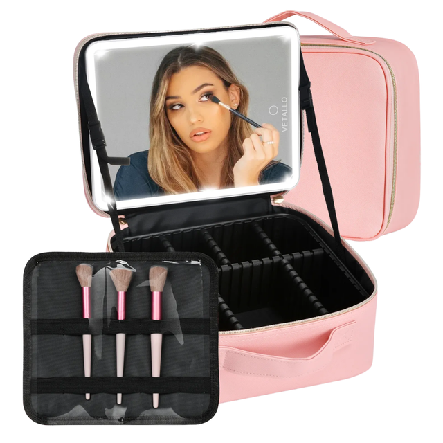 Cross Border Exclusive PU Leather Makeup case with Built Mirror Adjustable Light Large Capacity and Girly Style