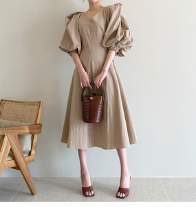 <span class=keywords><strong>Abito</strong></span> elegante da donna stile francese con scollo a V con scollo a bolle sopra al ginocchio a vita lunga e <span class=keywords><strong>mezza</strong></span> <span class=keywords><strong>manica</strong></span> - Product Image 4