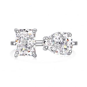 Dylam Eternity Rhodium Plated S925 <b>Silver</b> 2 Stone Engagement 1.5ct Pear Shape Zircon Open <b>Adjustable</b> Wedding Anniversary <b>Ring</b> - Product Image 1