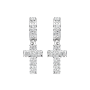 Orecchini a Croce E648 in Oro Bianco con Diamanti, Taglio Brillante Rotondo, Colore D Naturale, Gioielli Unisex per Cerimonie Religiose - Product Image 1