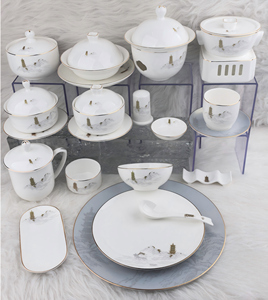 Juego de vajilla chino con impresión de la Pagoda del Lago Oeste, decoración con borde dorado a mano, vajilla de lujo para hotel, banquete de boda, restaurante - Product Image 1