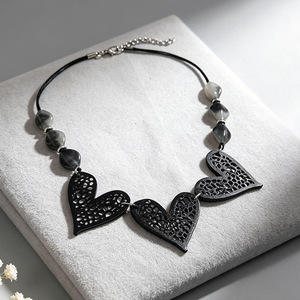 Boho Black <b>Rope</b> Necklace Hollow Lace Heart Charms Grey Marbled Bead Women Casual Vintage Neck Ornament - Product Image 3