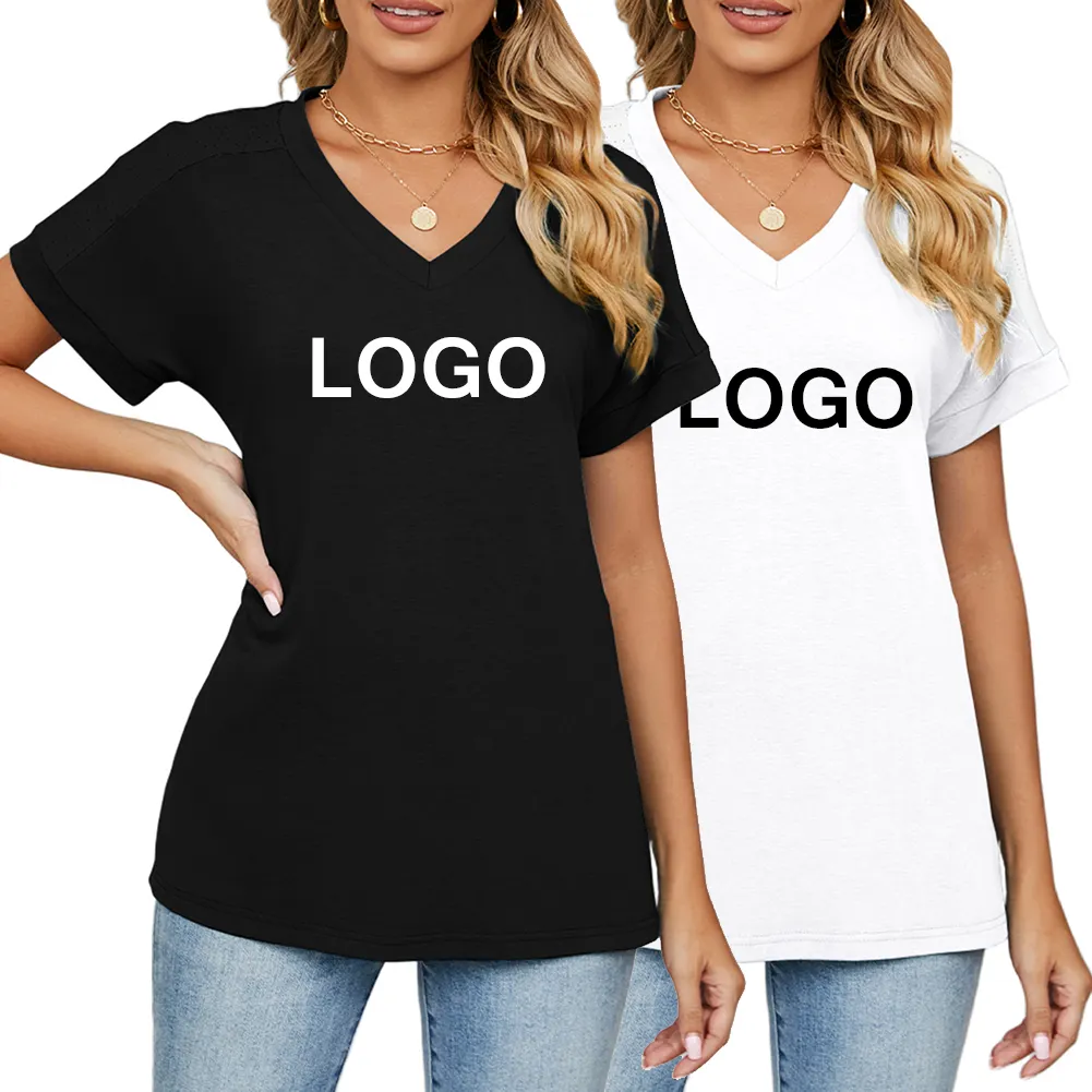 Giyim üreticileri özel T Shirt boş V boyun Tee gömlek kadınlar için yeni stiller