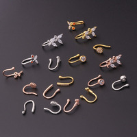 Go Party Fashion Faux anneaux de nez en zircon en forme de U, manchettes de nez et d'oreille motif papillon, fleur, croix, bijoux de piercing non-percés