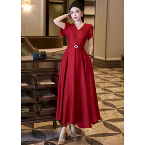 French Vintage Solid Elegant Fashion Big Swing Drapey <strong>Temperament</strong> Women's Waist Slimming Short Sleeve High-end Summer Long Skirt - Product Image 4