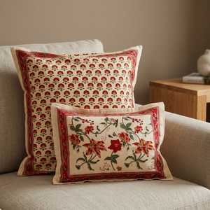 PRABHAVA Indian Hand Block Printed Floral Cotton <b>Throw</b> <b>Pillow</b> Cover Square Zipper Washable Customizable 16x16 Inches Polyester - Product Image 3
