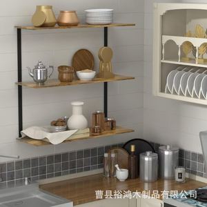 Étagère murale en bois et fer forgé, support de rangement à 3 niveaux pour cuisine, salle de bain, balcon, rétro, durable - Product Image 3