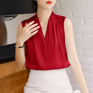 Sommer Frauen Chiffon Satin Bluse Tops Sexy Deep V Neck Dünne Ärmellose Plissee Bluse Shirts