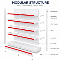 Étagère Gondole Robuste Double Face en Métal Gris Clair avec Panneau Perforé et Bordure Rouge, 5 Niveaux Empilables pour Supermarché et Commerce de Détail